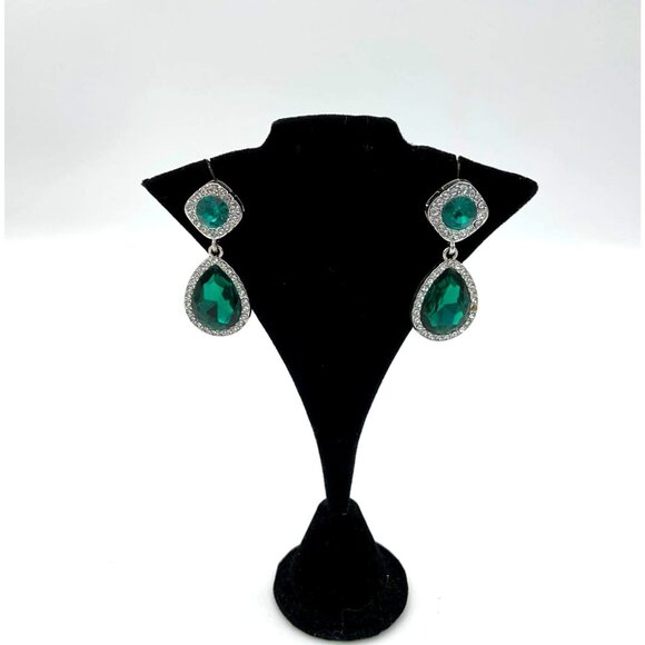 Formal Dangle Drop Rhinestone Bordered Green Faceted Square Teardrop Earrings - Picture 1 of 5